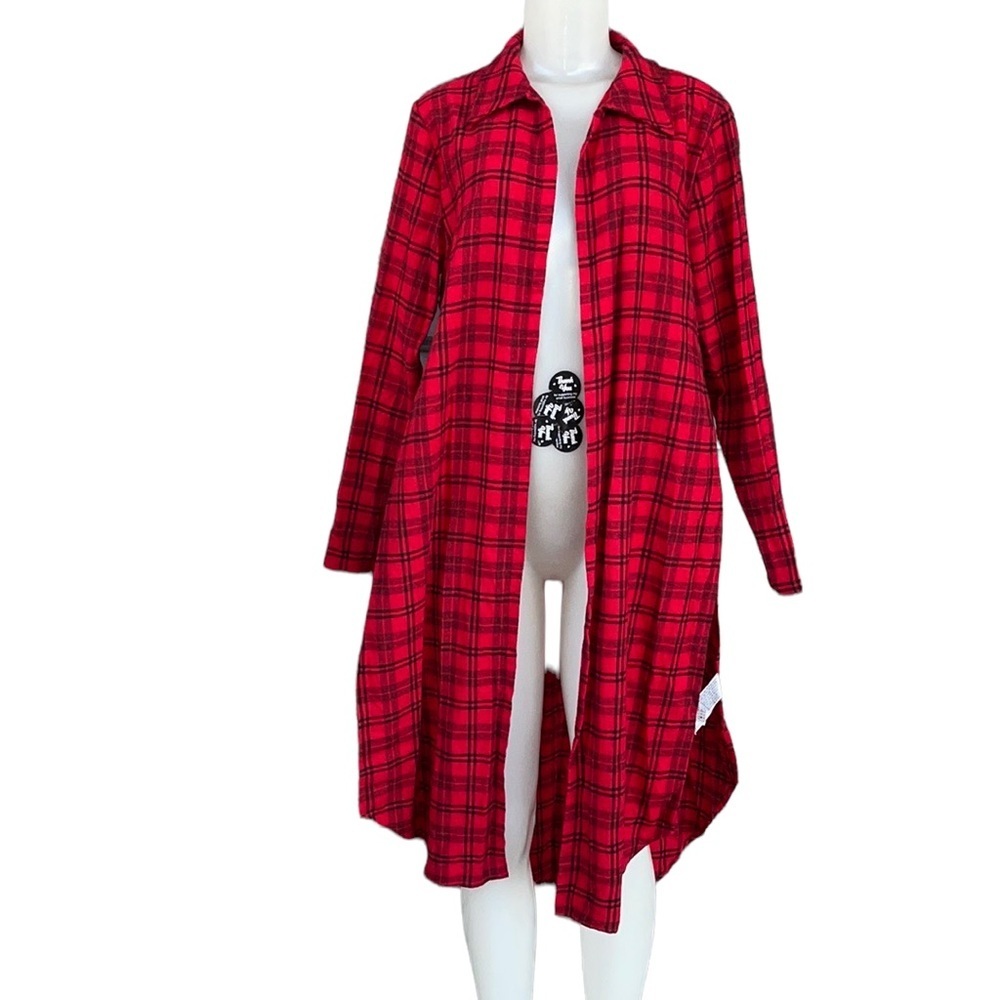 Forever 21 Red Black Plaid High Slit Longline Duster Flannel Shirt Jacket L